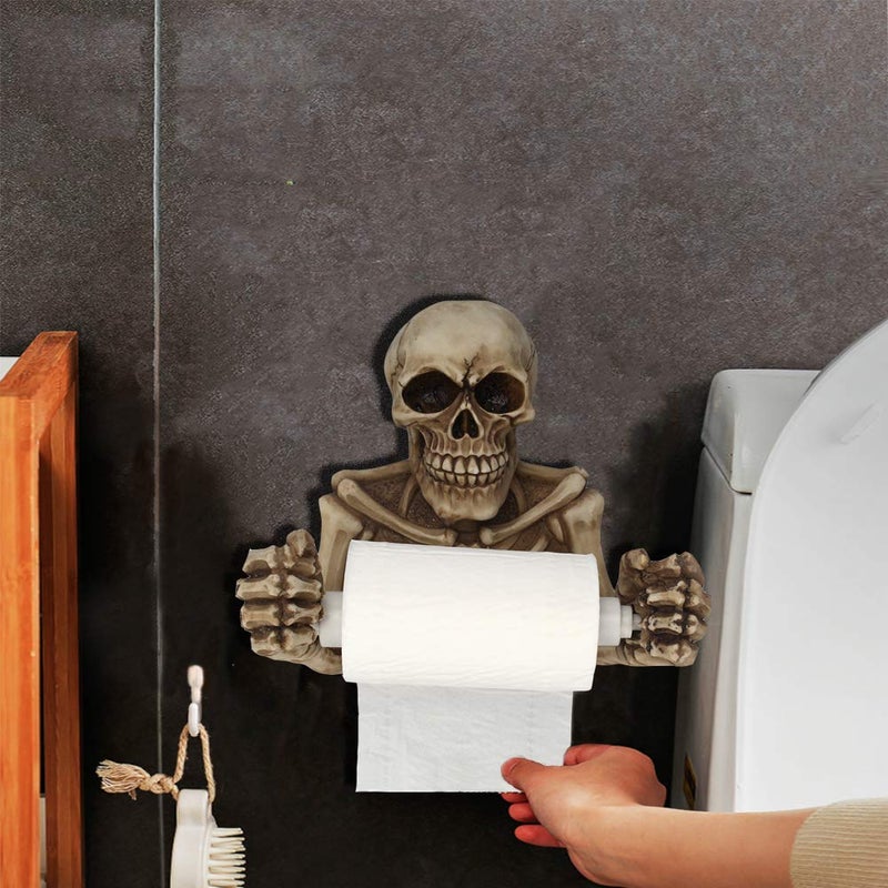 wweenuo Skull Toilet Paper Holder Retro, Halloween Decorations Wall Mount Toilet Tissue Paper Roll Storage Holder Stand Gothic Bathroom Accessory (Color) - Image 2