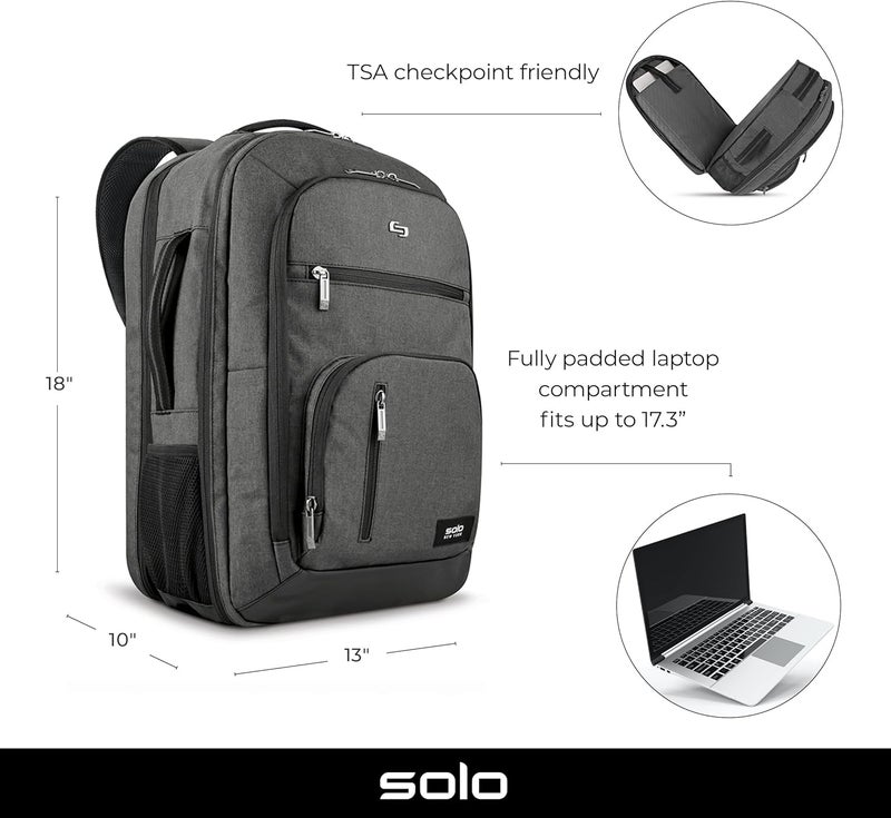Solo New York TSA Laptop Backpack for Women  Men Carry On Bookbag for Travel  Work Lightweight Bag Mesh Side Pockets Padded Straps Fits 173 Computer  Grand Travel Grey - Image 2