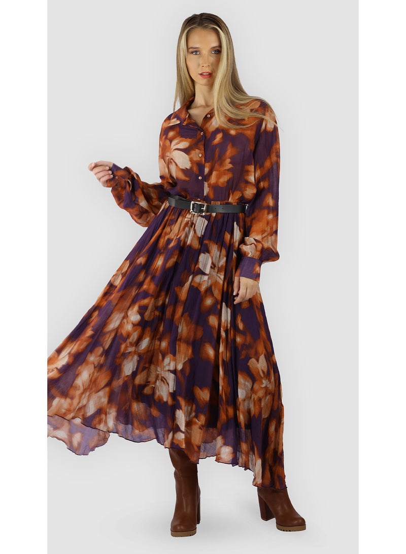 KYVELi Women’s Printed Midi Set with Belt – Long Sleeves – Orange - Image 1