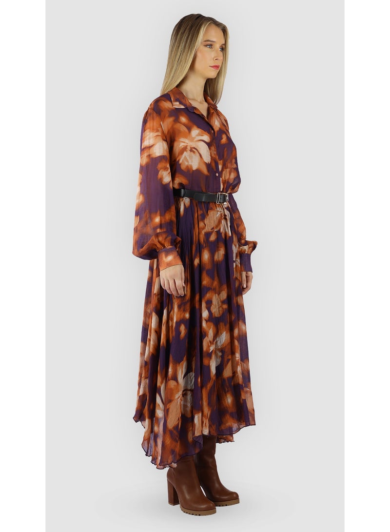 KYVELi Women’s Printed Midi Set with Belt – Long Sleeves – Orange - Image 3