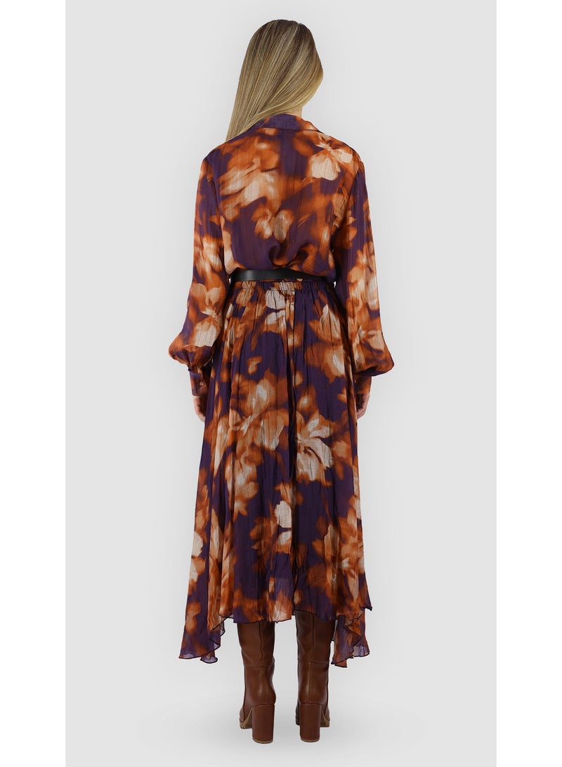 KYVELi Women’s Printed Midi Set with Belt – Long Sleeves – Orange - Image 5