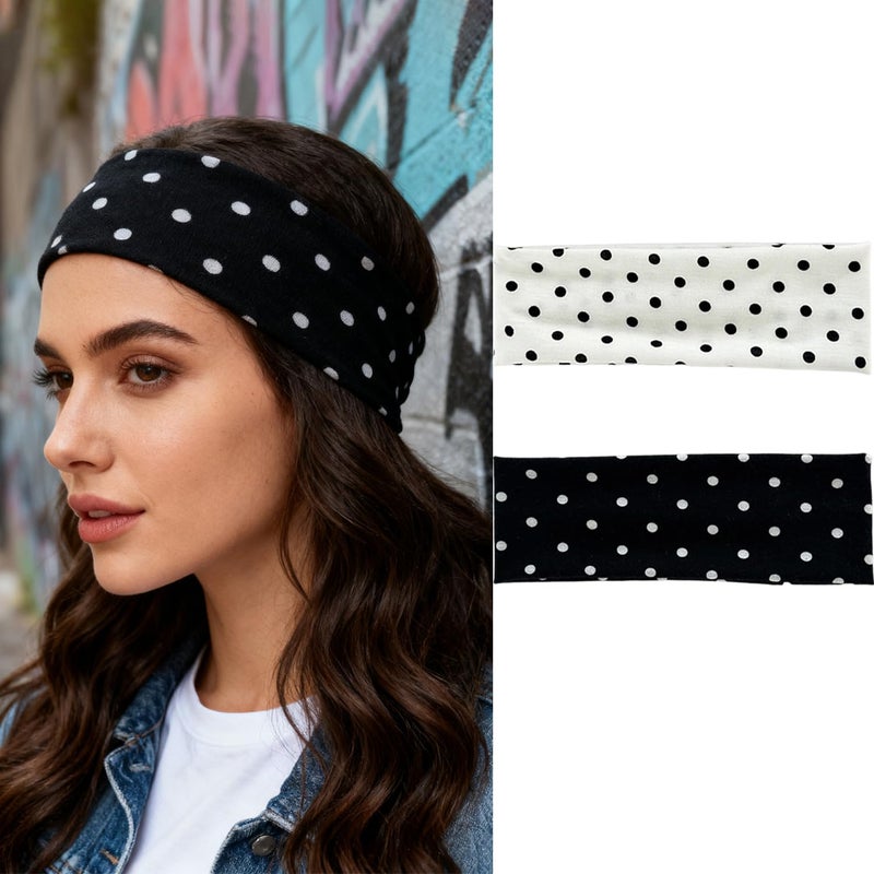 LYLYNB 2 Pack Black White Headband Set, Polka Dot Elastic Headbands Cute Hair Accessories Non Slip Fashion Head Bands Retro Design Head Wraps Soft Wide Headband for Women Hair Styling Supplies - Image 1