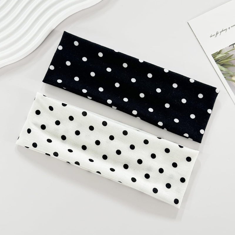 LYLYNB 2 Pack Black White Headband Set, Polka Dot Elastic Headbands Cute Hair Accessories Non Slip Fashion Head Bands Retro Design Head Wraps Soft Wide Headband for Women Hair Styling Supplies - Image 2