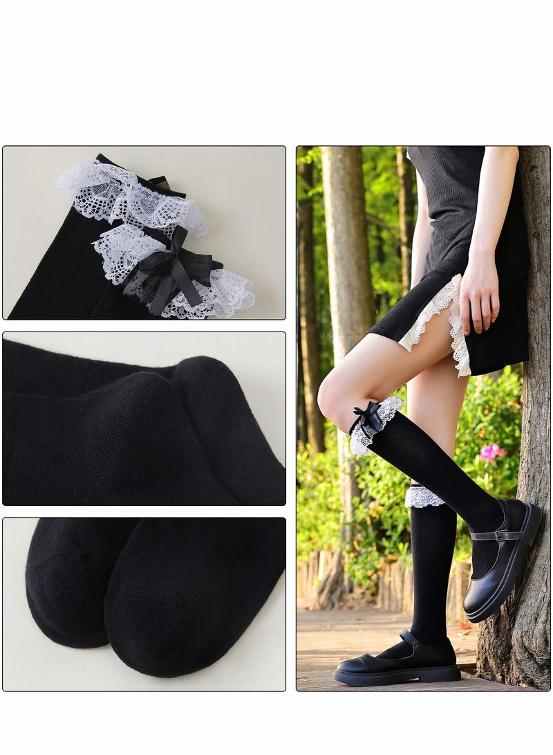 Excefore جوارب طويلة حتى الفخذ للنساء والفتيات جوارب طويلة حتى الركبة مع حواف من الدانتيل وكشكشة من القطن اللطيف - Image 4