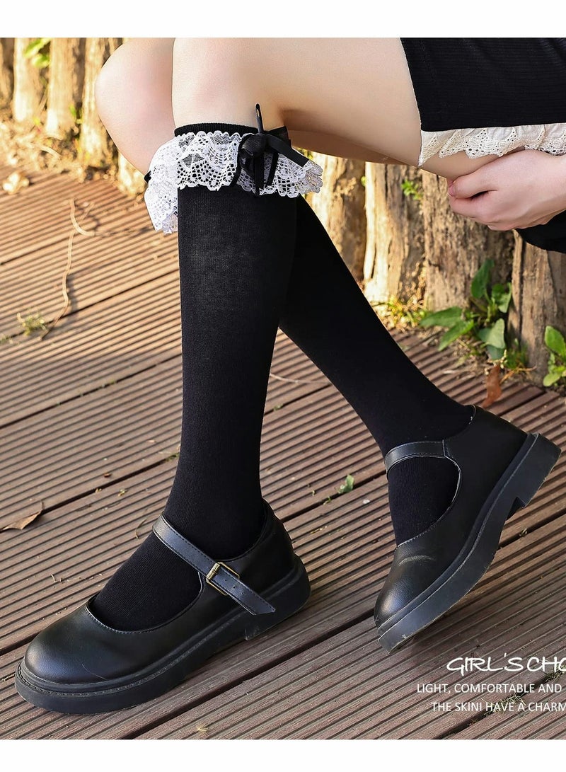 Excefore جوارب طويلة حتى الفخذ للنساء والفتيات جوارب طويلة حتى الركبة مع حواف من الدانتيل وكشكشة من القطن اللطيف - Image 2