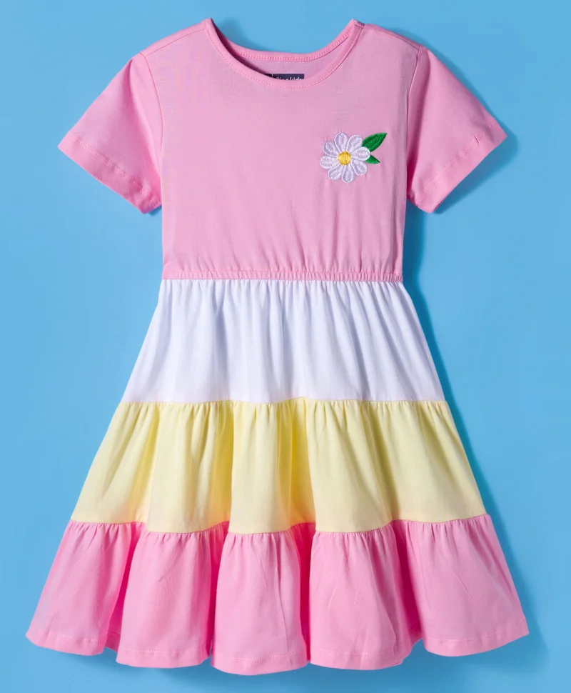 Pine Kids Pine Kids Cotton Knit Half Sleeves Tiered Frock with Floral Embroidery - Pink