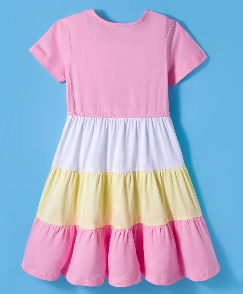 Pine Kids Pine Kids Cotton Knit Half Sleeves Tiered Frock with Floral Embroidery - Pink