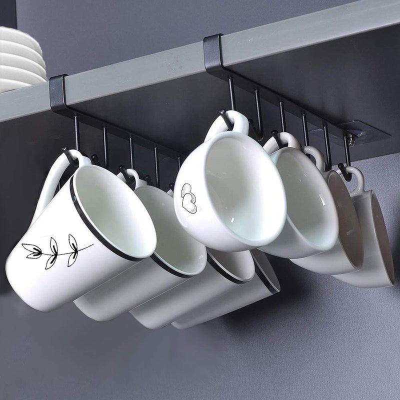 EigPluy AliCH 2pcs Mug Hooks Under Cabinet Mug Holder Rack,Nail Free Adhesive Coffee Cups Holder Hanger for Cups/Kitchen Utensils/Ties Belts/Scarf/Keys Storage, Fit for 0.8inch Thickness Shelf or Less (Black) - Image 1