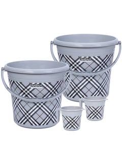 RATAN PLASTICWARE Ratan Plastics Frosty Checks Print Pack of 4 Bathroom Set 20L Bucket x 215L Mug x 2 Grey 