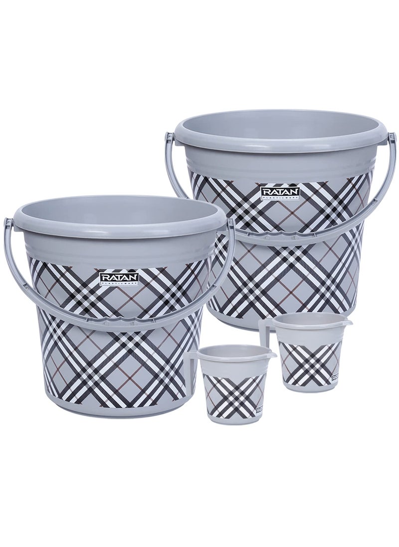 RATAN PLASTICWARE - Ratan Plastics Frosty Checks Print Pack of 4 Bathroom Set 20L Bucket x 215L Mug x 2 Grey - Image 1