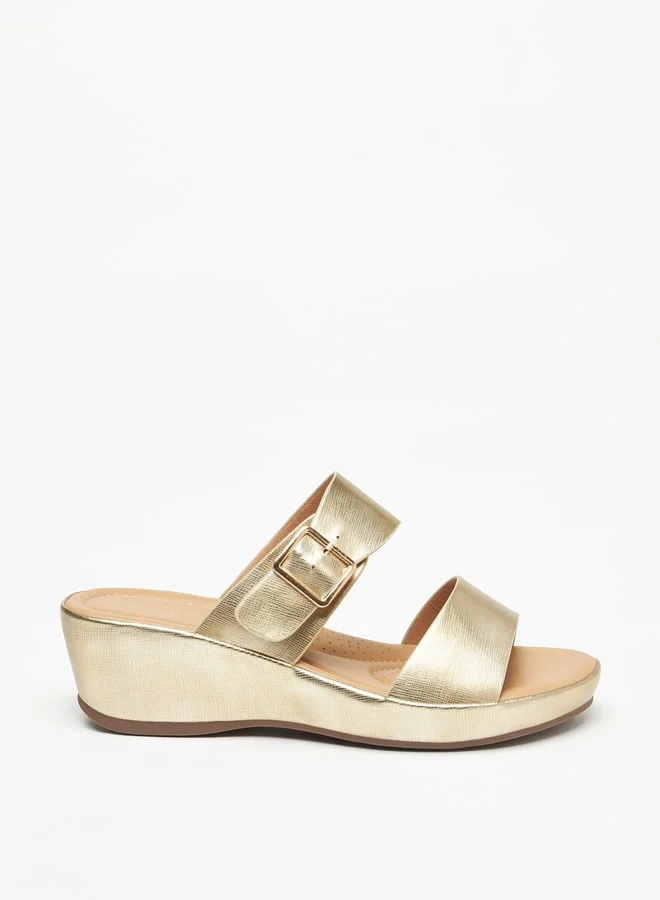 فلورا بيلا من شو إكسبرس Metallic Slip-On Sandals with Wedge Heels and Buckle Detail