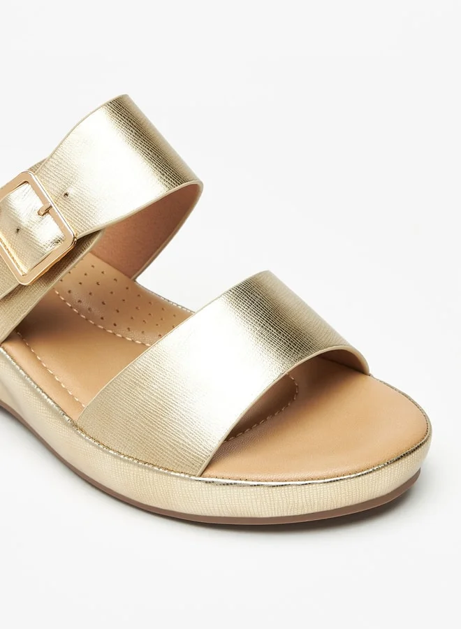 فلورا بيلا من شو إكسبرس Metallic Slip-On Sandals with Wedge Heels and Buckle Detail