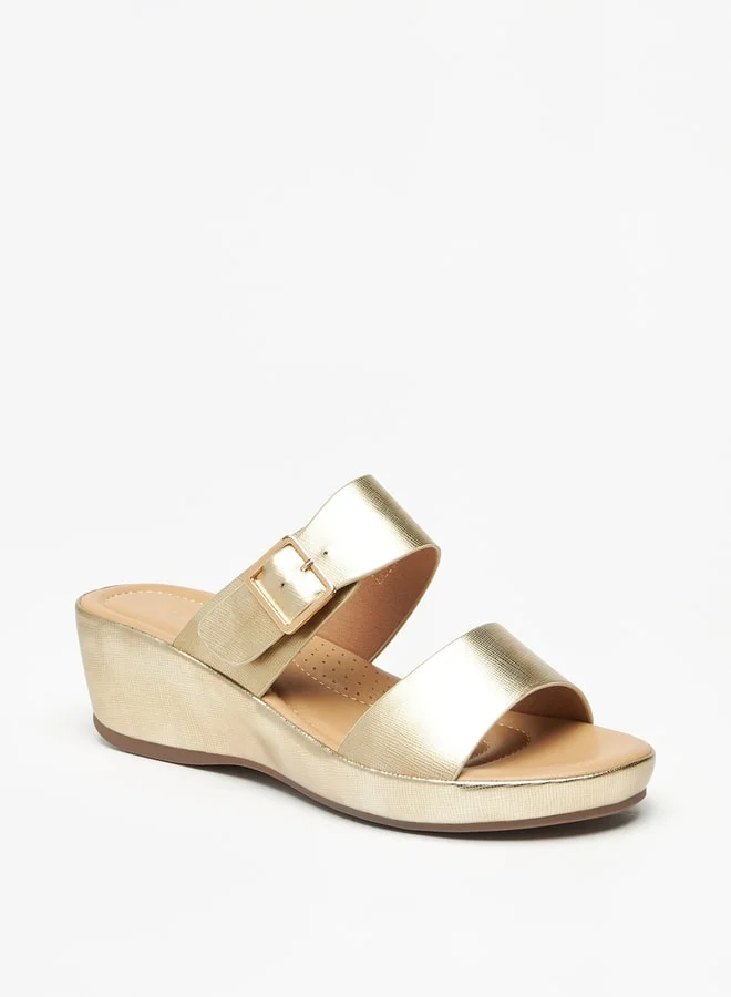 فلورا بيلا من شو إكسبرس Metallic Slip-On Sandals with Wedge Heels and Buckle Detail