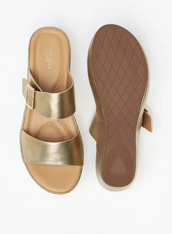 فلورا بيلا من شو إكسبرس Metallic Slip-On Sandals with Wedge Heels and Buckle Detail