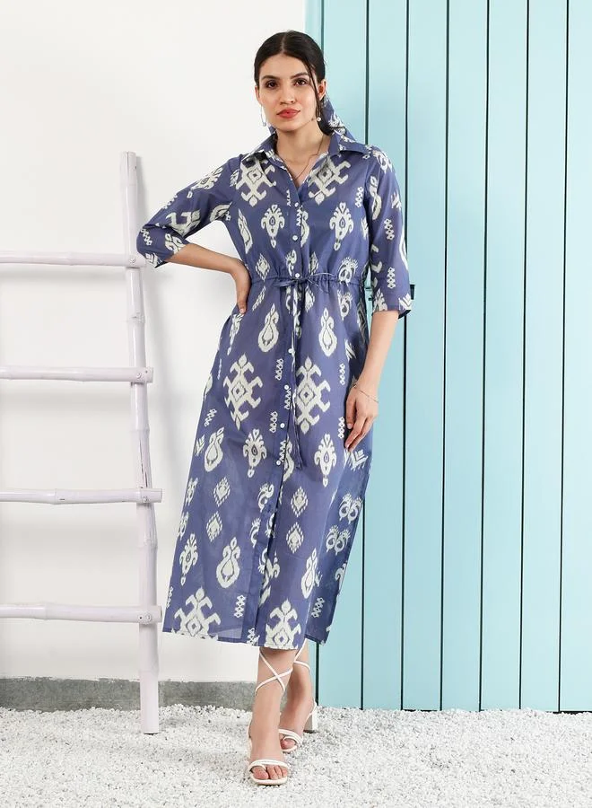 Athena Blue Bohemian Printed Buttoned Midi Dress