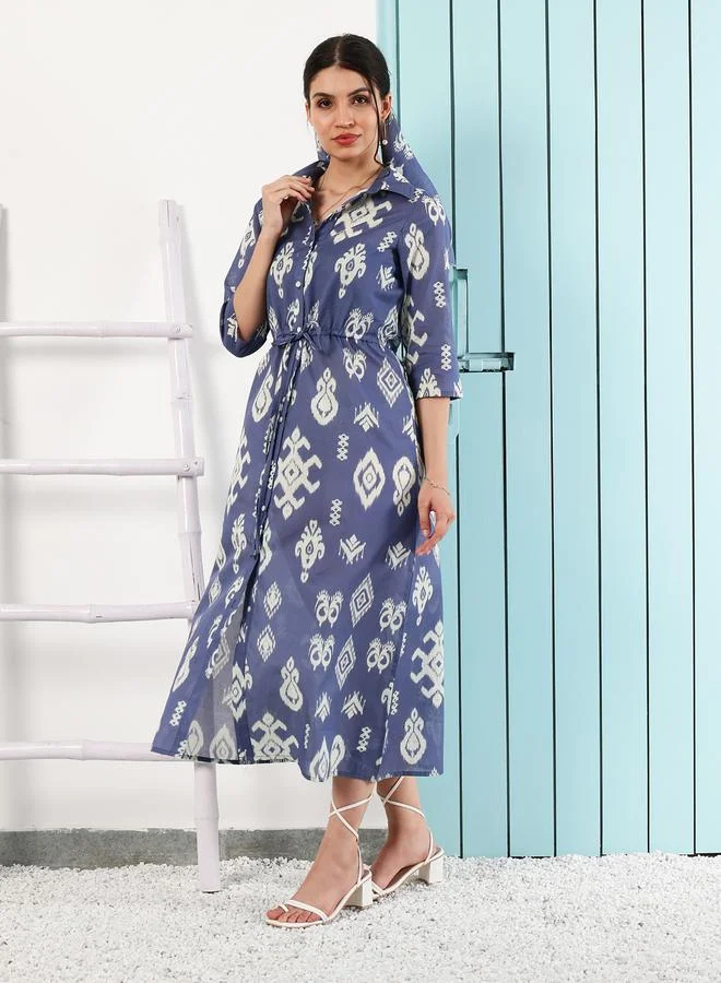 Athena Blue Bohemian Printed Buttoned Midi Dress