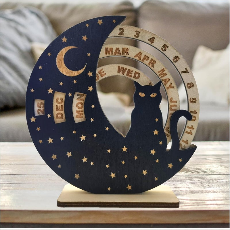 ENCIMART Cat Perpetual Desk Calendar,Reusable 6 Inch Wooden Mini Moon Calendar Creative Rotatable Disk Calendar Decoration,Desk Accessories for Home Office Decor for Cat Lovers - Image 1
