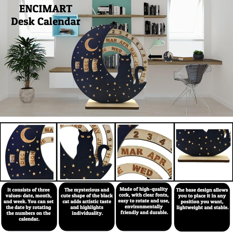 ENCIMART Cat Perpetual Desk Calendar,Reusable 6 Inch Wooden Mini Moon Calendar Creative Rotatable Disk Calendar Decoration,Desk Accessories for Home Office Decor for Cat Lovers - Image 2