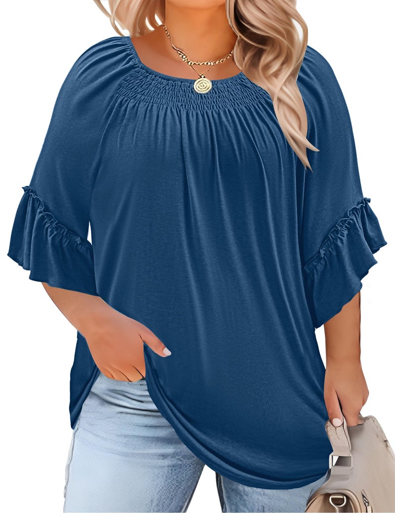 Micoson 3/4 Length Sleeve Womens Tops Plus Size Peasant Tops for Women Boho Blouse Cotton Tops for Women Loose Fit Summer Shirt Navy Blue - Image 1