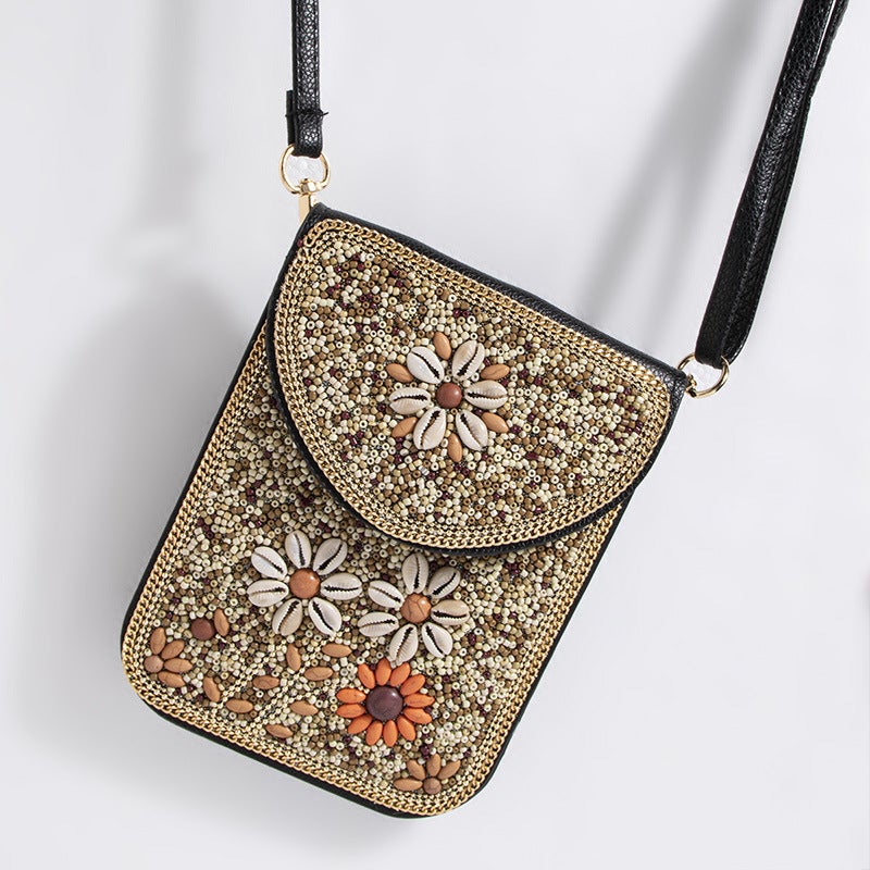 New Heavy Industry Bohemian Style Rice Beads Shell Flowers Exquisite Pu Travel Shoulder Crossbody Magnetic Buckle Women'S Bag - Image 3