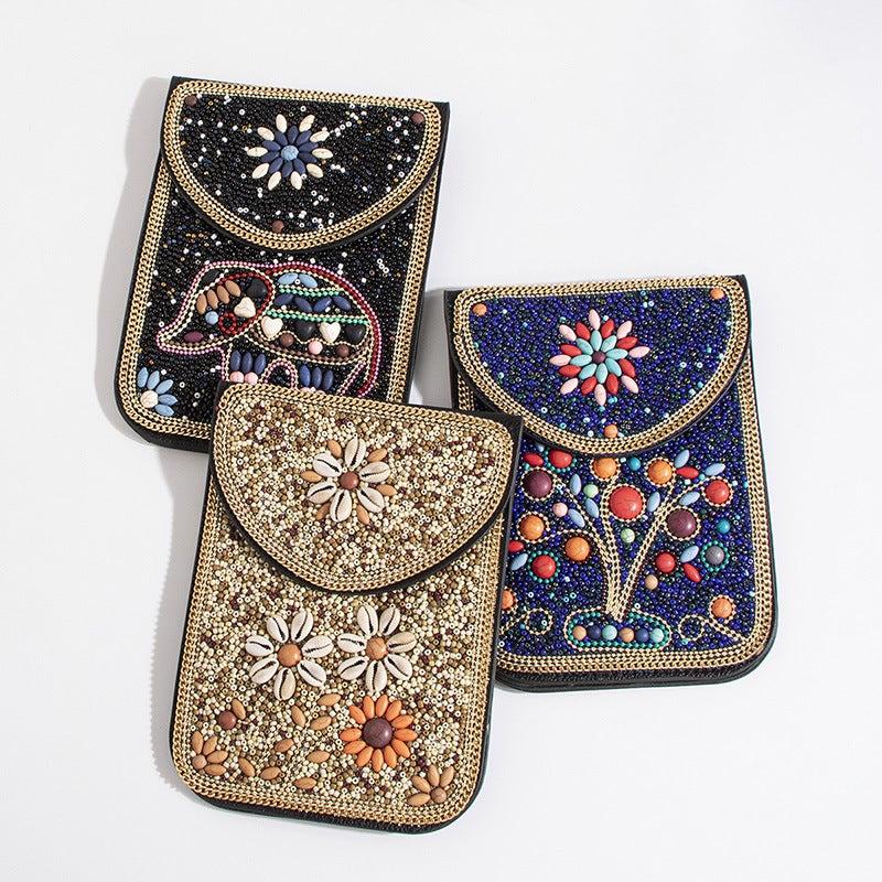 New Heavy Industry Bohemian Style Rice Beads Shell Flowers Exquisite Pu Travel Shoulder Crossbody Magnetic Buckle Women'S Bag - Image 2