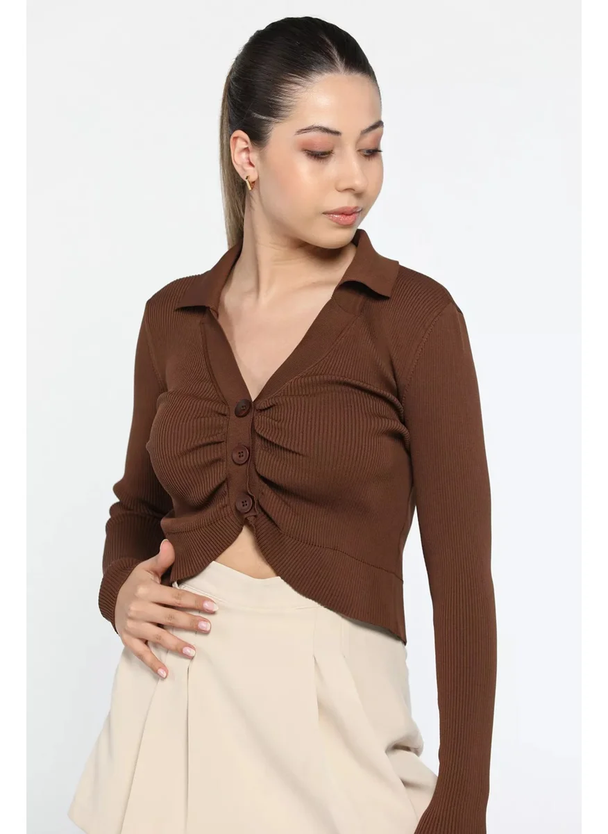 Gülseli Shirt Collar Front Buttoned Gathered Detail Women's Knitwear Cardigan