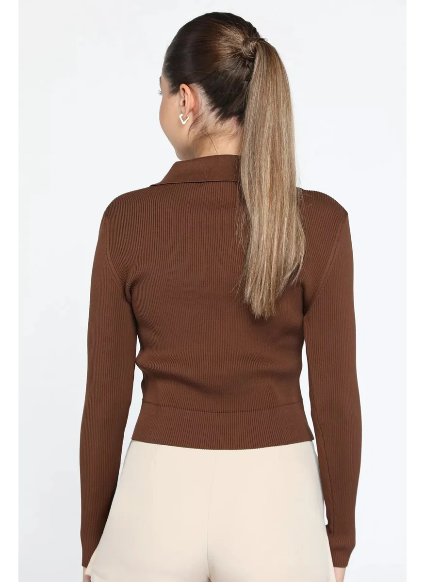 Gülseli Shirt Collar Front Buttoned Gathered Detail Women's Knitwear Cardigan