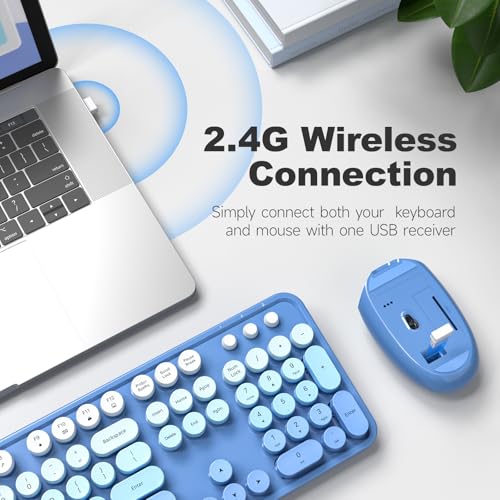 MOWUX Wireless Keyboard and Mouse Combo, MOWUX Full Size Typewriter Retro Round Computer Keyboard, Cute Optical Mouse Wireless, Plug and Play, for Laptop, PC, Computer-Blue Gradient - Image 3