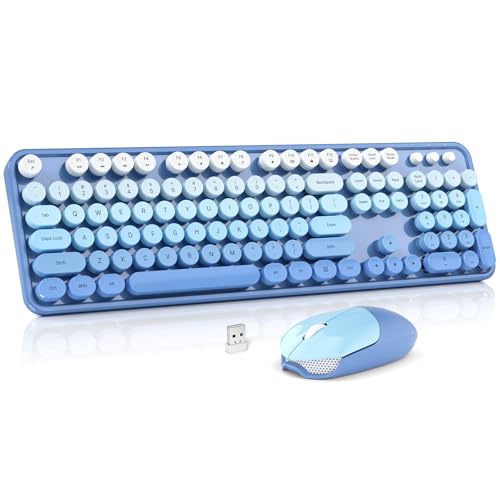 MOWUX Wireless Keyboard and Mouse Combo, MOWUX Full Size Typewriter Retro Round Computer Keyboard, Cute Optical Mouse Wireless, Plug and Play, for Laptop, PC, Computer-Blue Gradient - Image 1