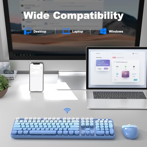 MOWUX Wireless Keyboard and Mouse Combo, MOWUX Full Size Typewriter Retro Round Computer Keyboard, Cute Optical Mouse Wireless, Plug and Play, for Laptop, PC, Computer-Blue Gradient - Image 2