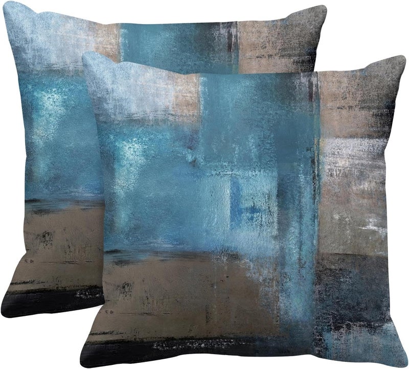 Britimes Throw Pillow Covers Modern Home Art Decor, 16 x 16 Inches Set of 2 Pillow Cases Decorative, Abstract Oil Painting Pillowcases for Bedroom, Living Room, Cushion Couch Sofa, Teal Grey - Image 1
