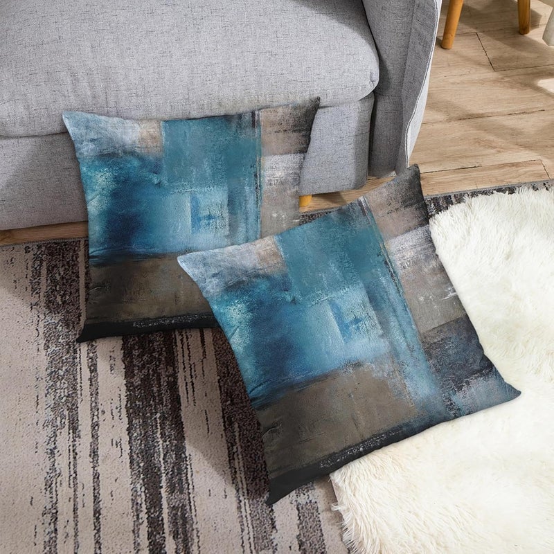 Britimes Throw Pillow Covers Modern Home Art Decor, 16 x 16 Inches Set of 2 Pillow Cases Decorative, Abstract Oil Painting Pillowcases for Bedroom, Living Room, Cushion Couch Sofa, Teal Grey - Image 4