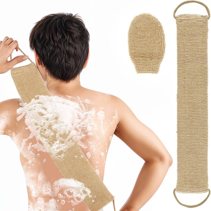 Ptwola Exfoliating Back Scrubber Band Glove Natural Shower Bath Towel Strap with Mitt Durable Body Wash Deep Cleaning Brush Loofah with Handle Dead Skin Removal for Men Women - Image 1