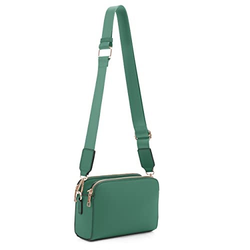 EVVE Triple Zip Small Crossbody Camera Bag with Wide Guitar Strap | Green - Image 1