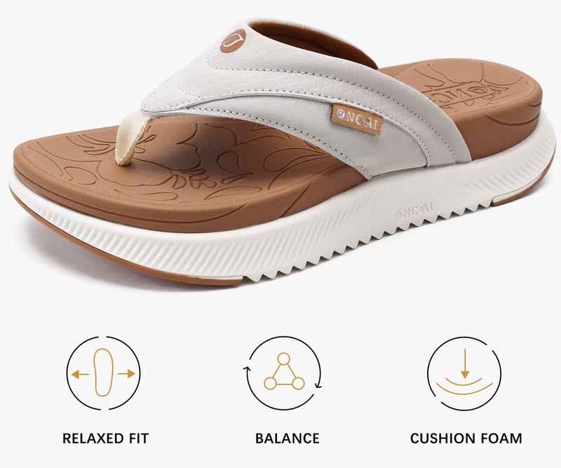 ONCAI Orthopedic Flip Flops Women with Arch Support Ladies Orthotic Recovery Sandals 2025 Comfortable Plantar Fasciitis Slip On Walking Sandal for Womans Indoor Casual Summer KhakiWhite Size 6 - Image 3