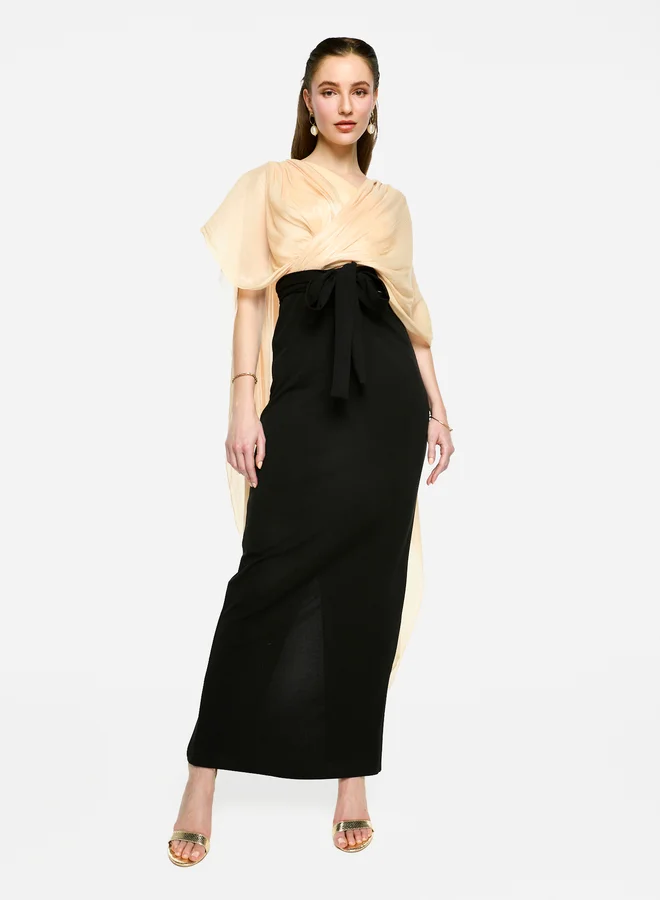 House of Moda House of Moda Cape Overlay Sleeve Two-Tone Maxi Dress