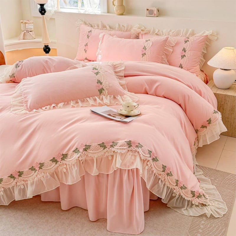 MOOWOO Floral Chic Lace Ruffled Bedding Set, 1 Duvet Cover + 1 Pillowcases Set,Girl French Princess Style Bedding-2 Piece Twin Duvet Cover with Zipper Closure -Ultra Soft and Light Weight-No Comforter - Image 2