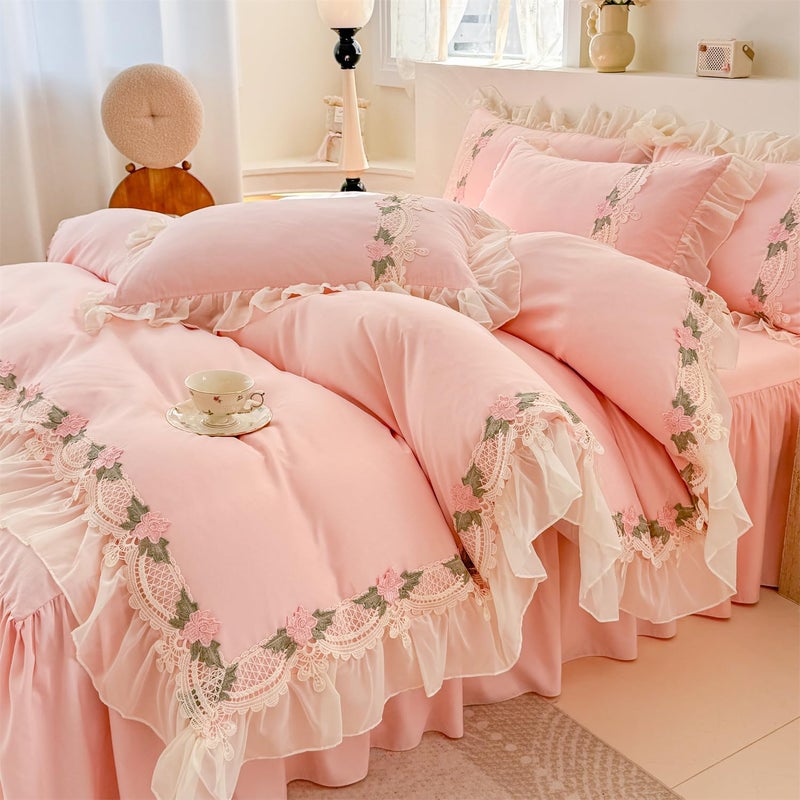 MOOWOO Floral Chic Lace Ruffled Bedding Set, 1 Duvet Cover + 1 Pillowcases Set,Girl French Princess Style Bedding-2 Piece Twin Duvet Cover with Zipper Closure -Ultra Soft and Light Weight-No Comforter - Image 1