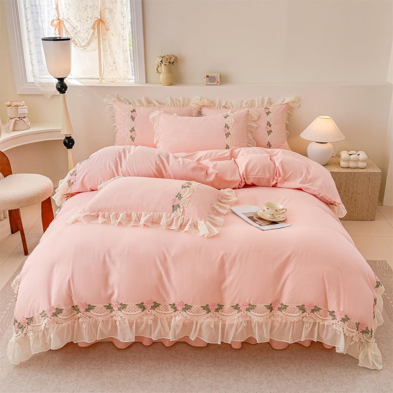 MOOWOO Floral Chic Lace Ruffled Bedding Set, 1 Duvet Cover + 1 Pillowcases Set,Girl French Princess Style Bedding-2 Piece Twin Duvet Cover with Zipper Closure -Ultra Soft and Light Weight-No Comforter - Image 3