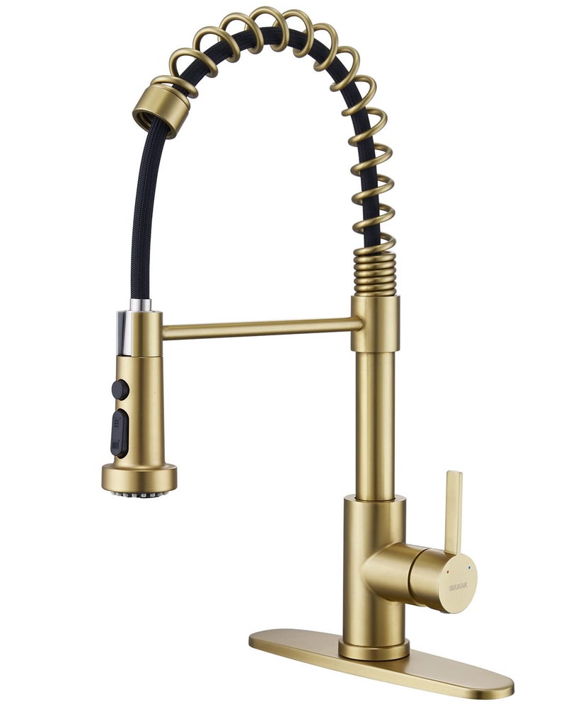 GUUKAR Gold Kitchen Faucet with Pull Down Sprayer Single Handle Brushed Gold Faucet for Kitchen Sink Commercial Farmhouse Kitchen Faucet with Deck Plate