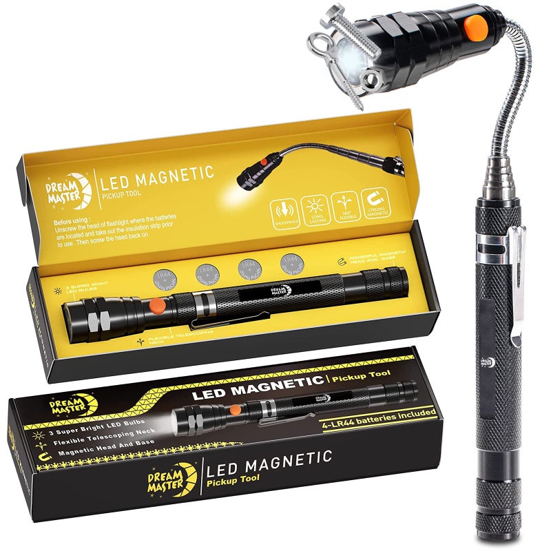 DREAM MASTER Magnetic Pickup Tool with 3 LED Lights, Telescoping Magnet Flashlight, Cool Gadget Fathers Day Dad Gifts for Men, Dad, Father, Handyman, Husband, Boyfriend or Women, Black - Image 1