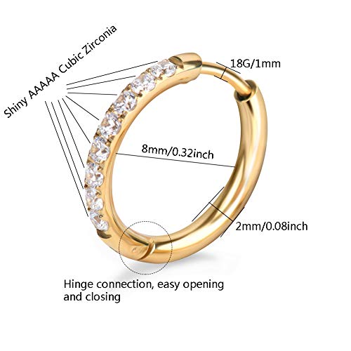 showself Small Huggie Hoop Earring, 18G Cartilage Earring Gold Plating 8MM Hoop Earring for Women Men Stainless Steel Tragus Earring Cubic Zirconia Forward Helix Earrings Hypoallergenic Sensitive Ear - Image 4