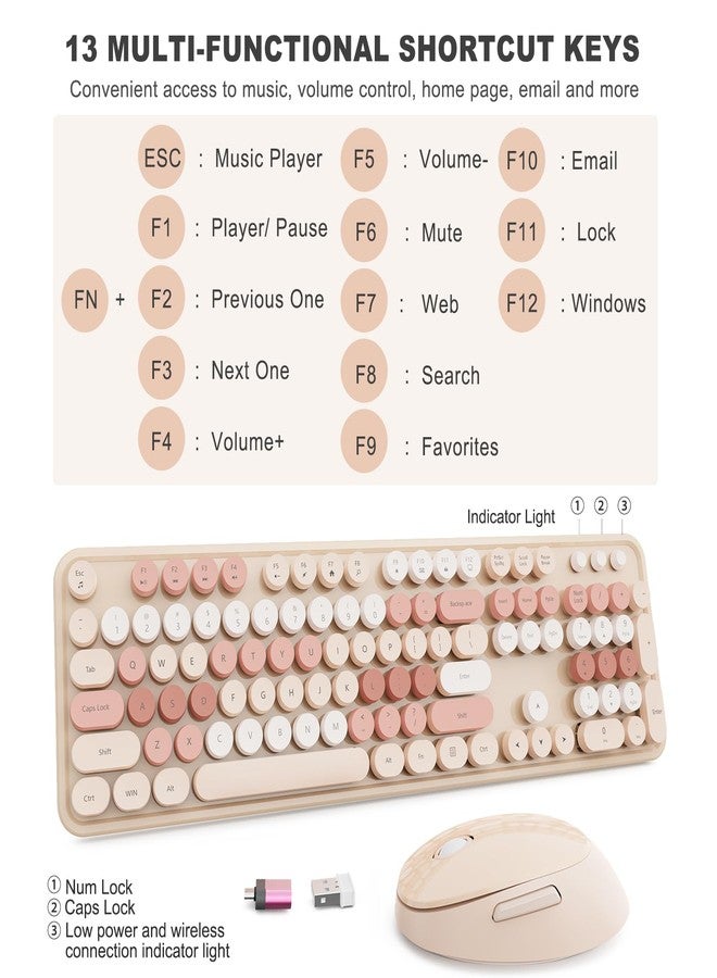 Nowlike Wireless Keyboard and Mouse Set, Full-Size Typewriter Keyboard with Retro Round Keycaps, Ergonomic Design, Compatible with Windows PCs, Ideal for Home and Office. (Milk Tea) - Image 4