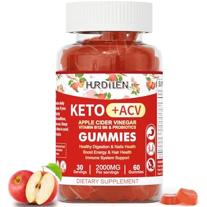 Hurdilen Keto ACV Gummies - 2000mg Apple Cider Vinegar Gummies with Probiotics, Vitamin B12 & B6 for Digestion, Energy Boost, Immunization & Hair Health - 60 Count No Sugar, Non-GMO, Gluten-Free for Women Men - Image 1