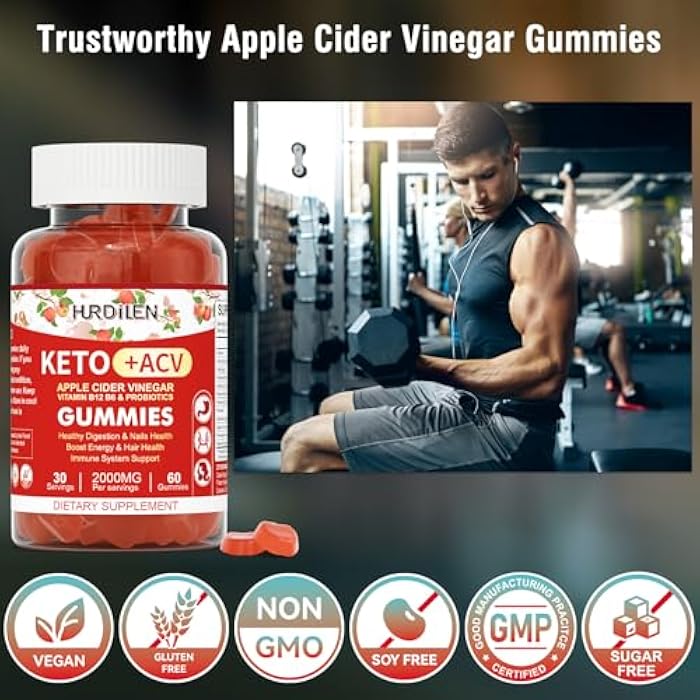 Hurdilen Keto ACV Gummies - 2000mg Apple Cider Vinegar Gummies with Probiotics, Vitamin B12 & B6 for Digestion, Energy Boost, Immunization & Hair Health - 60 Count No Sugar, Non-GMO, Gluten-Free for Women Men - Image 3