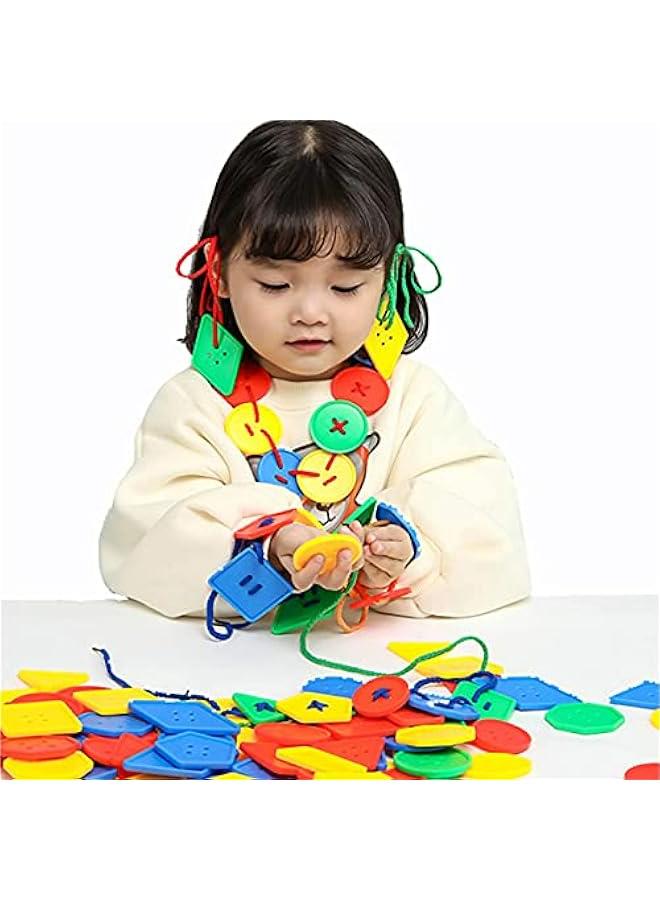 70 Piece Montessori Lacing Threading Toy - Large Beads in Geometric Shapes for Kids' Crafts, Activities, and Daycare - Educational Toy for Autism, Fine Motor Skills Development - Ideal for 3-6 Year  - Image 2