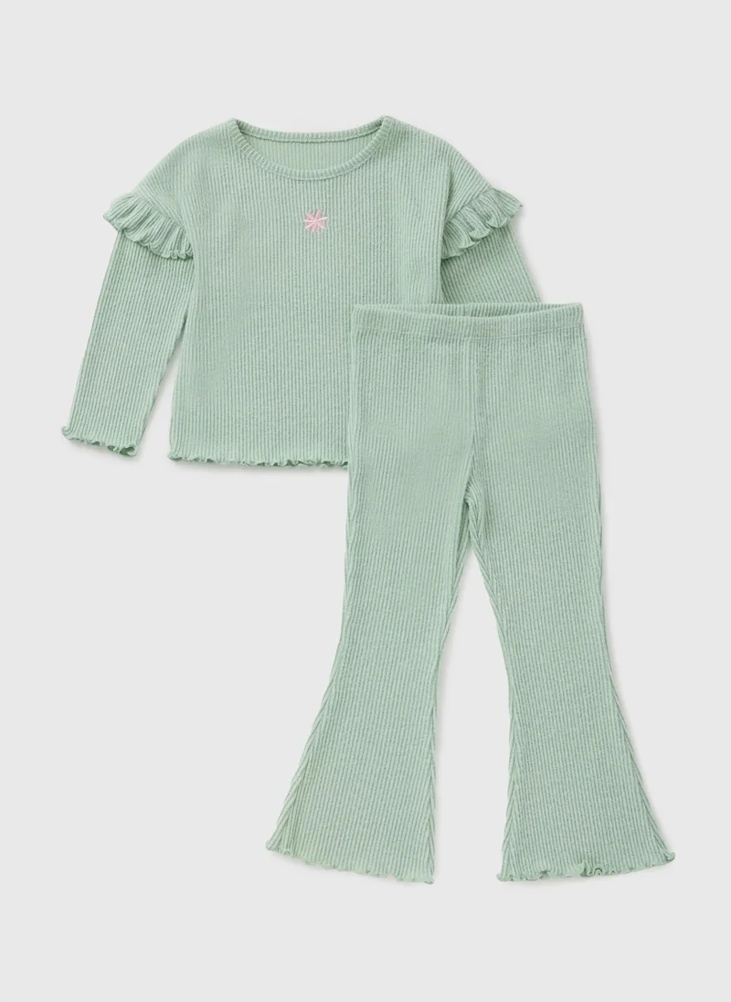 Matalan Girls Sage Ribbed Flower Top & Flare Set