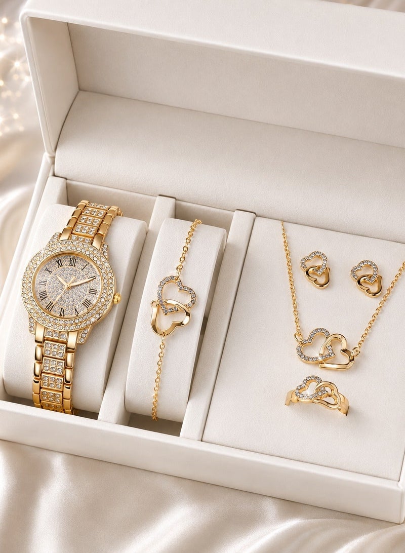 Luxury women's accessory set consisting of 5 pieces, including a women's watch, bracelet, necklace, earrings, and ring in gold color, adorned with sparkling rhinestones. The set is rust-resistant, making it ideal for gifting to a loved one, as a graduation gift, birthday gift, or for all special occasions. Box not included. - Image 1