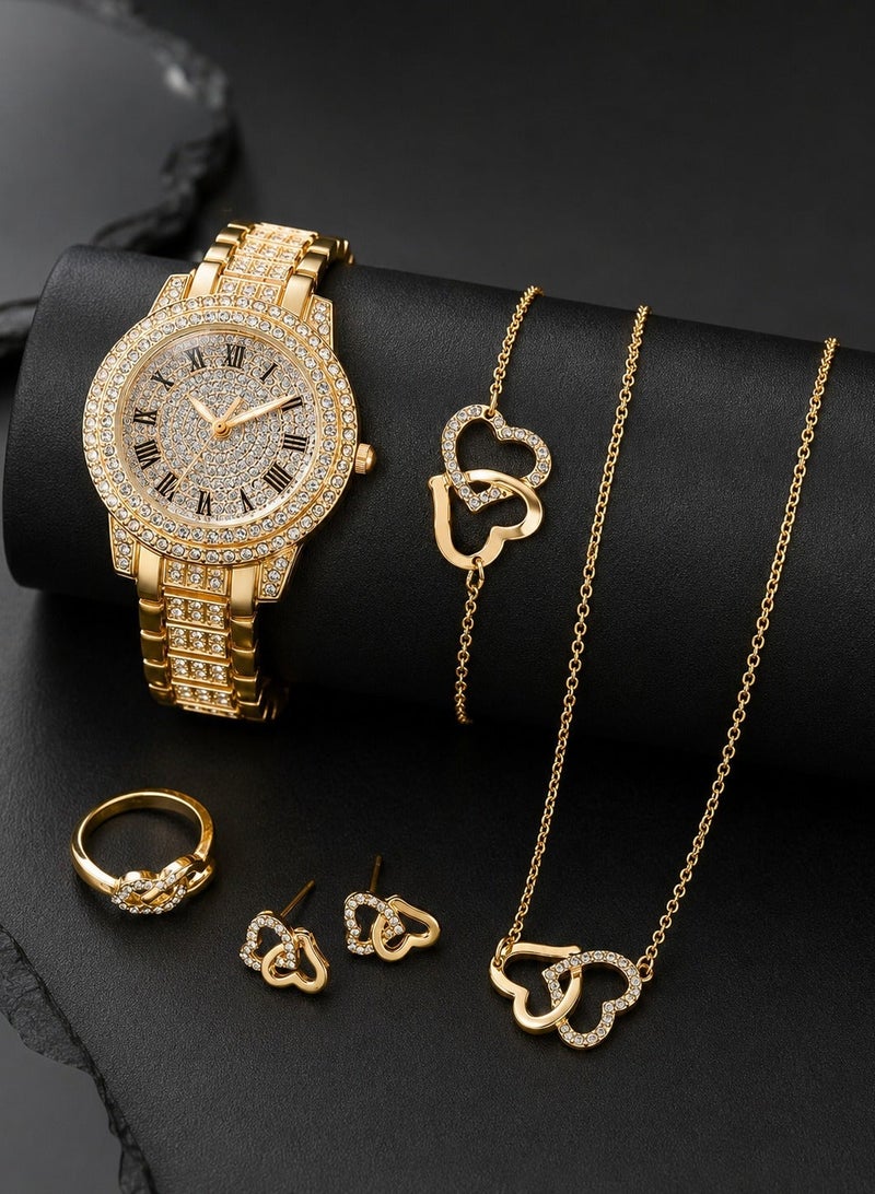 Luxury women's accessory set consisting of 5 pieces, including a women's watch, bracelet, necklace, earrings, and ring in gold color, adorned with sparkling rhinestones. The set is rust-resistant, making it ideal for gifting to a loved one, as a graduation gift, birthday gift, or for all special occasions. Box not included. - Image 2