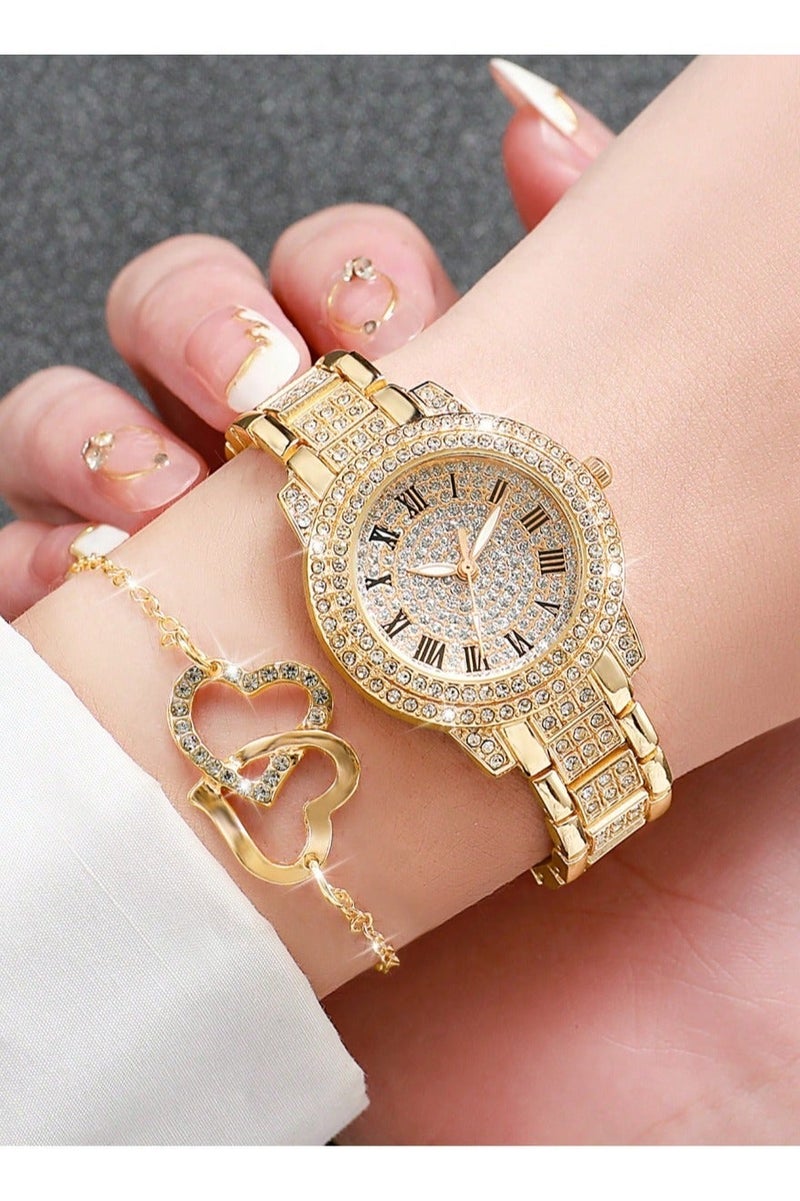 Luxury women's accessory set consisting of 5 pieces, including a women's watch, bracelet, necklace, earrings, and ring in gold color, adorned with sparkling rhinestones. The set is rust-resistant, making it ideal for gifting to a loved one, as a graduation gift, birthday gift, or for all special occasions. Box not included. - Image 4